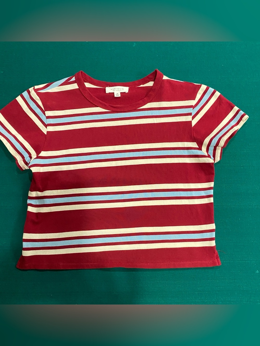 Striped Red Crop Tee with Cream and Light Blue Accents Size M